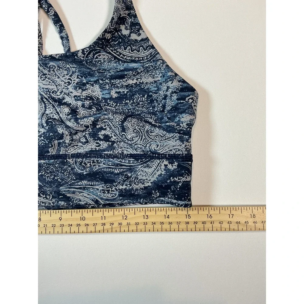 Lululemon Energy Bra Long Line Paisley Navy Gray Strappy Yoga Size 10